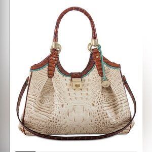 Brahmin Cream and Brown Croc-Embossed Leather Shoulder Bag with Teal Accent